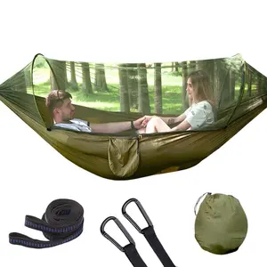 Quick-Set Mosquito Net Hammock, Outdoor Single/double Nylon Camping Hammock, Breathable Anti-Mosquito, Anti-Slip, Includes Accessories， Includes 2 Tie Straps, 2 Steel Carabiners, and a Storage Bag