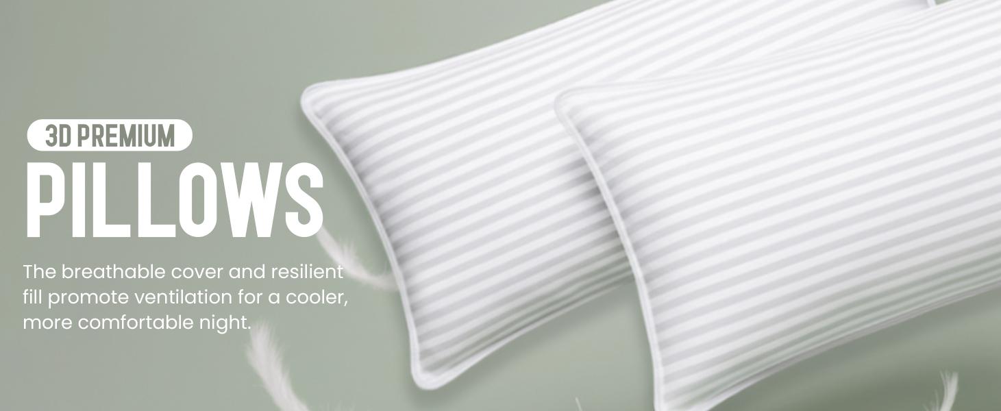 Utopia Bedding Premium Striped Bed Pillows for Back Stomach & Side Sleepers - Polycotton Soft Breathable Covers, No-Shift Construction, White, Pack of 2 - Polyester - Supportive Memory Foam