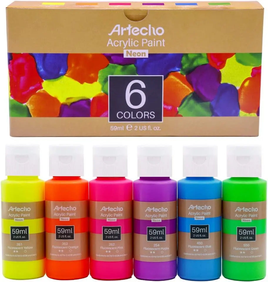 Artecho Neon Glow Acrylic Paint Set - 6 Vibrant Colors, 59ml/2oz Fluorescent Formula for Decorating Rock, Wood, DIY Crafts, Ideal for Paint Lovers (Office Stationery Art Supplies)