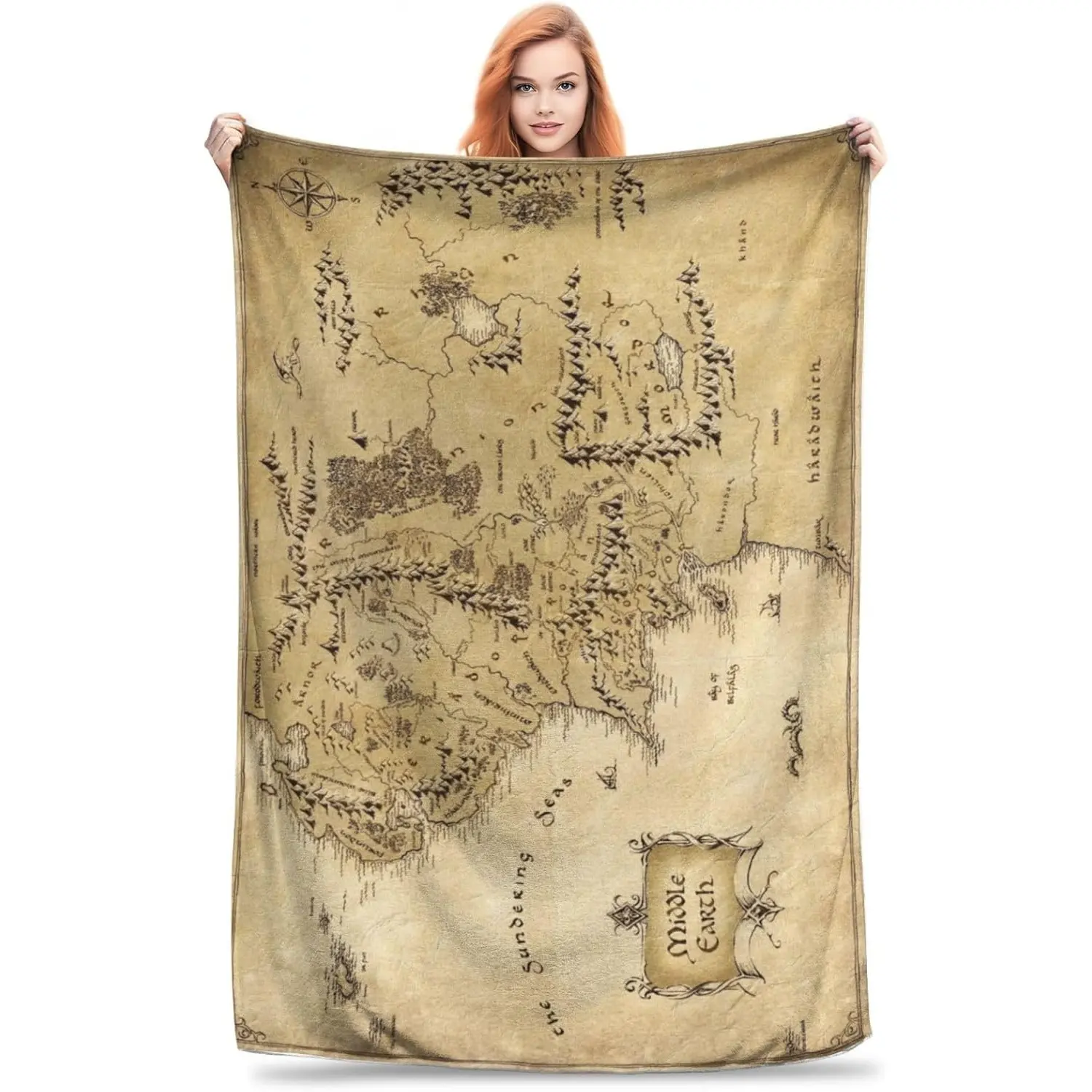 Middle Earth Map Decorative Blanket - Wrinkle Resistant Flannel Cotton Throw, Breathable All Seasons Cozy Snuggle Blanket for Couch, Bed, 50x60in