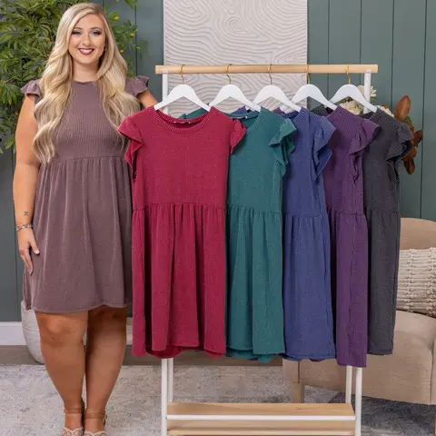 Raised Rib Ruffle Sleeve Dress by DD Design | S-3XL