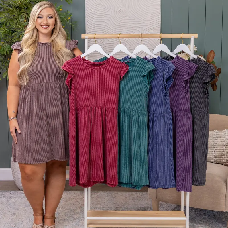Raised Rib Ruffle Sleeve Dress by DD Design | S-3XL