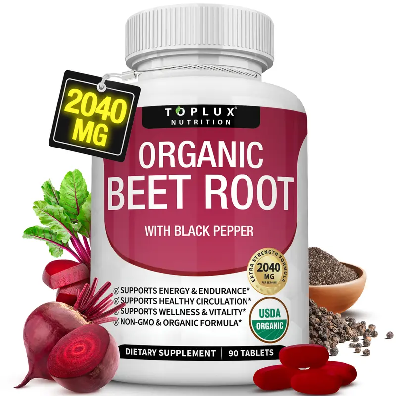 Toplux Organic Beet Root Tablets - Nitric Oxide Booster Beetroot Supplement 2040mg