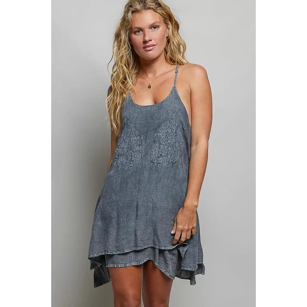 POL Embroidered Adjustable Strap Mini Dress