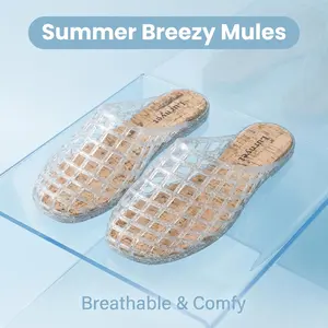 Zovrwin Sparkly Silver Mesh Jelly Mule Slippers Women Breathable Soft Cork Insole Summer House Slides