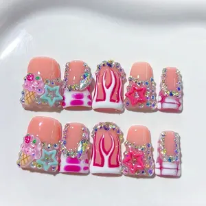 10pcs Y2K-Style Press-On Nails, Summer Nails — French Design featuring Flame Patterns, Colorful Stars. DIY Acrylic False Nails; Perfect for Holidays, Parties, and Daily Wear