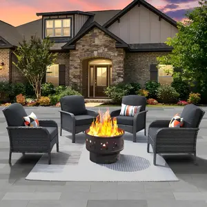 【Summer Vibes】OVIOS 5-Piece Outdoor Patio Furniture Set with Round Fire Pit Table, All-Weather Grey Wicker Chairs with Cushions for Backyard Patio Porch Deck Garden Balcony Outdoor Seating Furniture Set Lounge