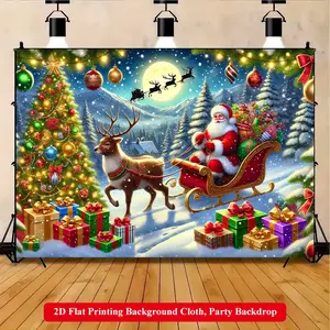 2D Flat Printing Backdrop Banner 1pc, Santa Rides Sleigh Delivering Gifts Vibrant Polyester Background Cloth for Family Party, Wedding, Birthday, Christmas, Thanksgiving, Fall, Room Decorations, Party Decorations Banners, Easy to Set Up, Reusable