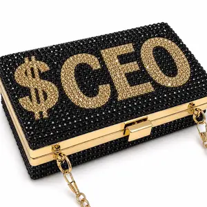 CEO Luxe Crystal Jet Black & Gold Box Clutch Bag