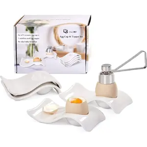 Ceramic Egg Cup Set includes 4 Soft Boiled Egg Holders and 1 Egg Topper Cutter