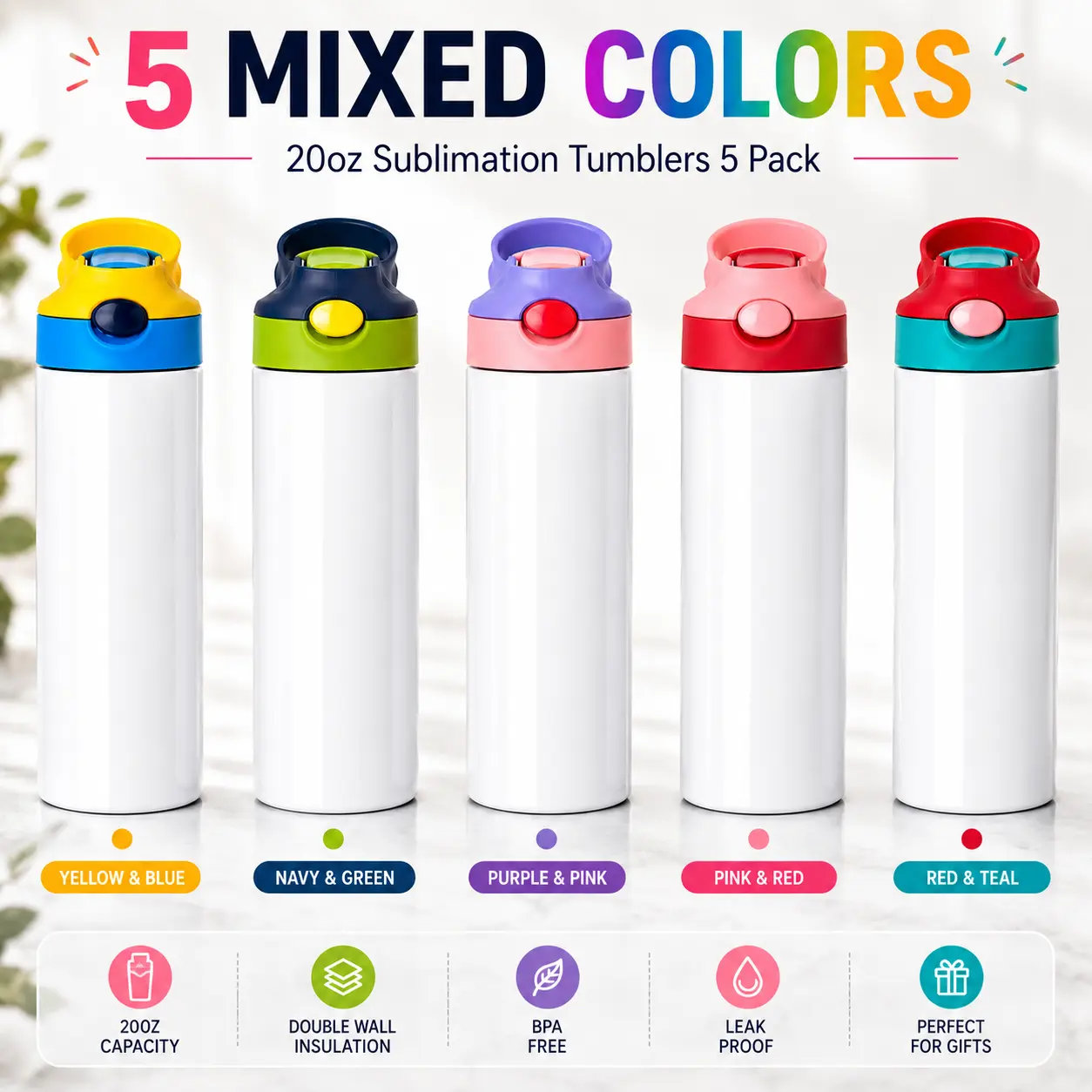 5-Pack 20oz Kids Sublimation Water Bottle with Pop-up Lid Double Wall Vacuum Stainless Steel Tumbler Blank White Custom Print BPA Free Leak-Proof Keep Cold 12H Hot 12H School Sports Gift for Children 5 Colorful Lids