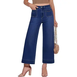Cropped Jeans for Women Trendy Wide Leg High Waisted Patch Pocket Stretchy Denim Pants Short Trouser Jeans
