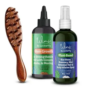 Locsanity Growth & Strength Bundle - Wini Growth Oil, Wini Rice Water Spray & Sandalwood Loc Brush - 3-Piece Plant-Based Loc Care Kit for Dreadlocks
