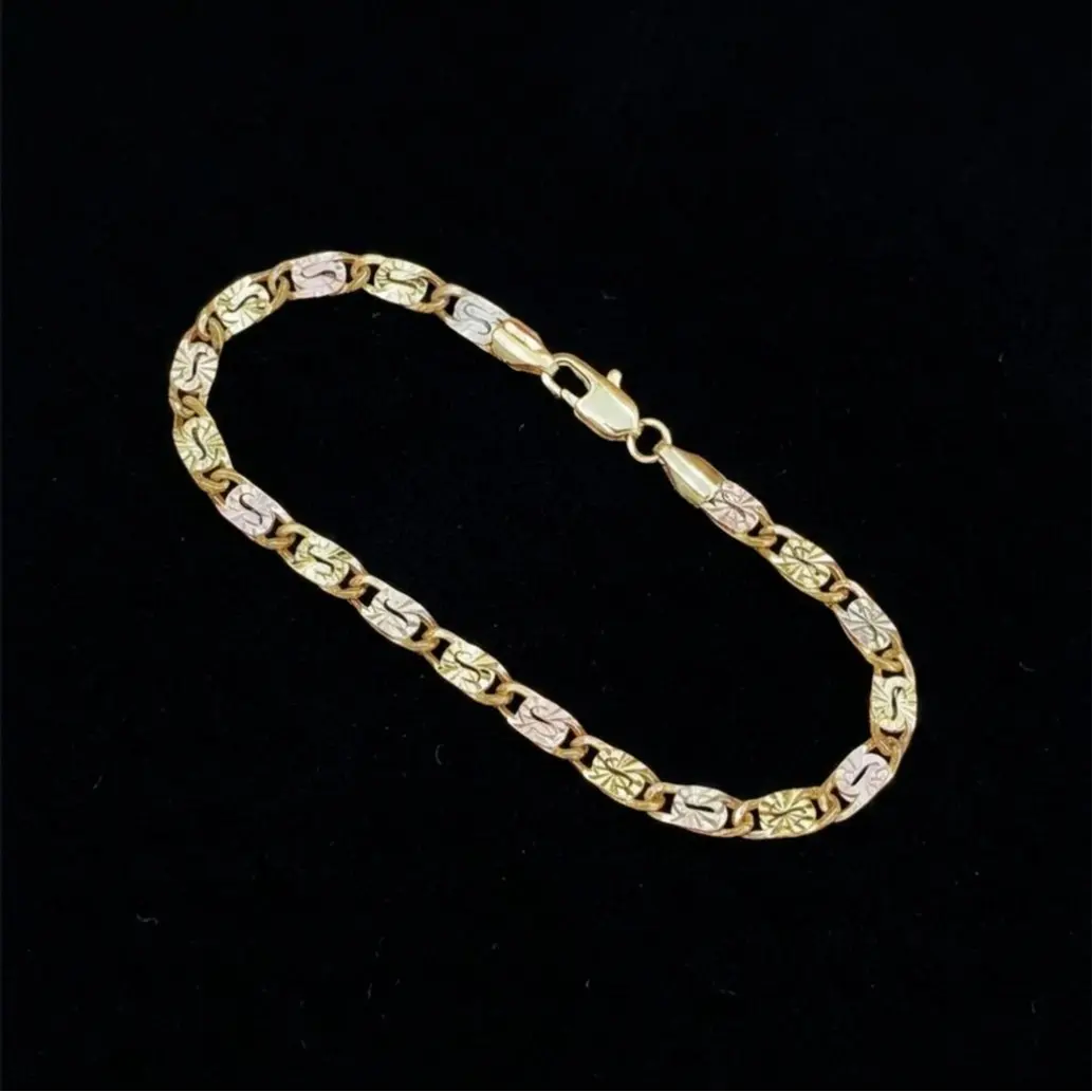 1PCS 14K Gold Tri-Color Mariner Link Bracelet for Women – Polished Floral Engraved Three Tone Gold Chain Bracelet, Dainty Jewelry Gift for Her,summerwins