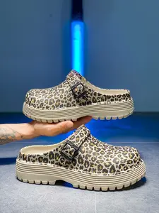Men's Leopard Print Thick Sole Mules, Adjustable Buckle Lazy Shoes, Retro Outdoor Sandals, Sizes 39-45, Three Colors