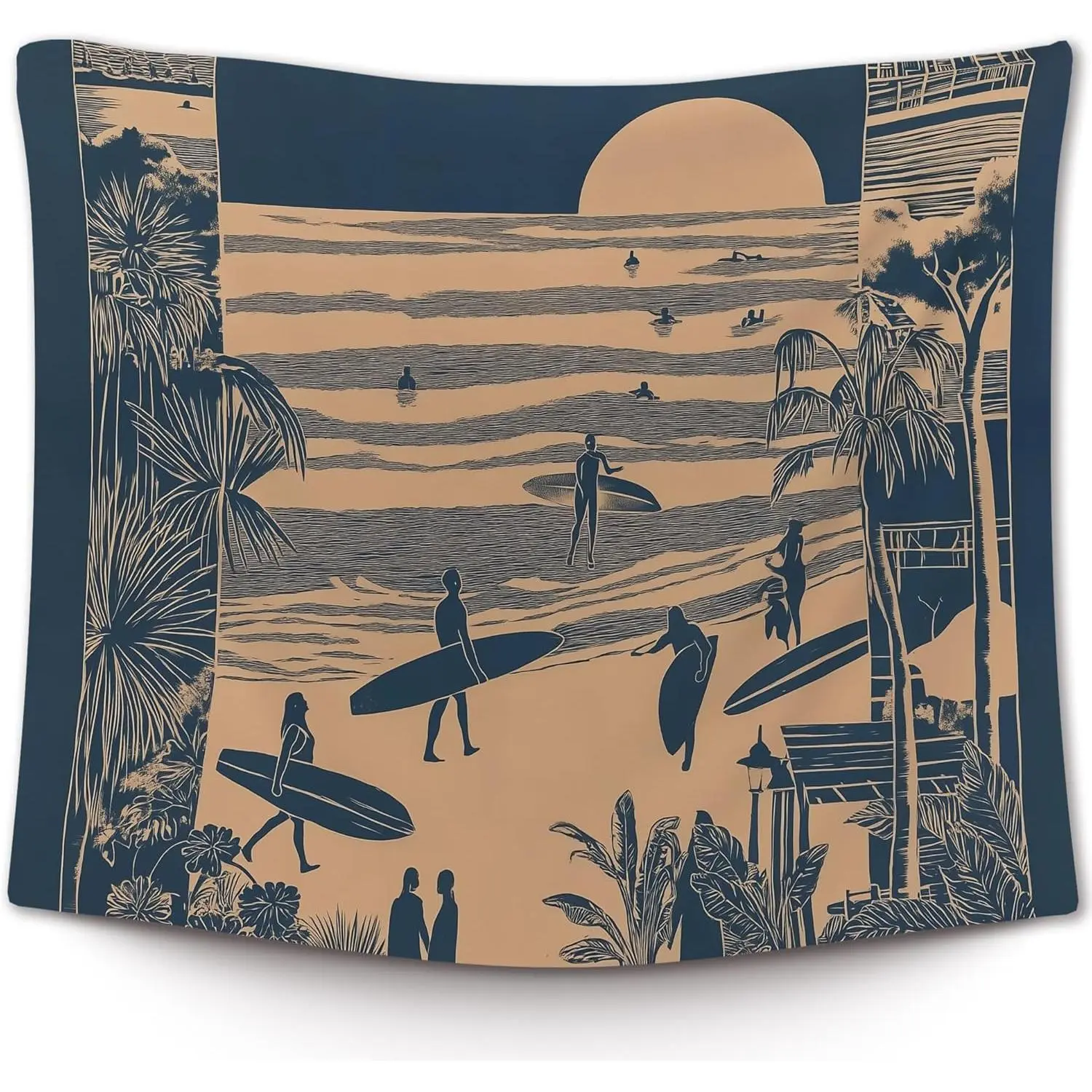 Beach Coastal Trendy Wall Tapestry, Retro Surfing Summer Ocean Wall Tapestry Hanging for Bedroom Beach House, Beachy Ocean Tapestries Wall Decor Art for Dorm Living Beachy Room 50x60in