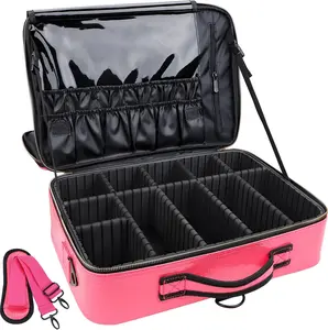 Professional Makeup Case 16Inches Crocodile Makeup Travel Bag Large Leather Cosmetic Train Case Portable Artist Storage Bag with Shoulder Strap for Makeup Brush (L-Hot Pink) Oewoer Oewoer Oewoer