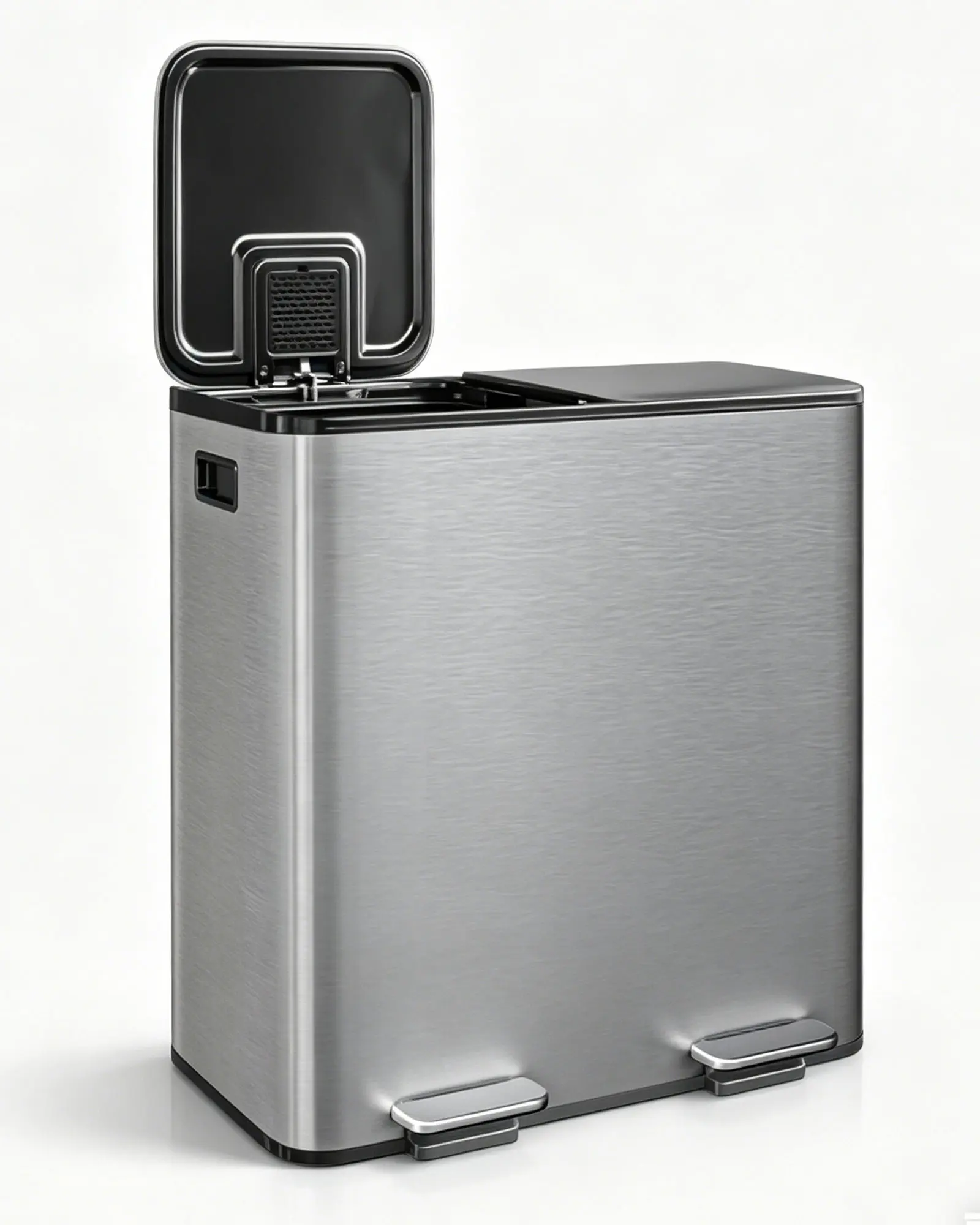 Garvee 2x10.6 gal Stainless Steel Double Trash Can with Lid for Kitchen, Large Dual Trash and Recycle Bin Combo, Step-on Kitchen Metal Garbage Cans, PP Inner Buckets, Liner Rim, Silver