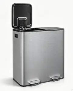 Garvee 2x10.6 gal Stainless Steel Double Trash Can with Lid for Kitchen, Large Dual Trash and Recycle Bin Combo, Step-on Kitchen Metal Garbage Cans, PP Inner Buckets, Liner Rim, Silver