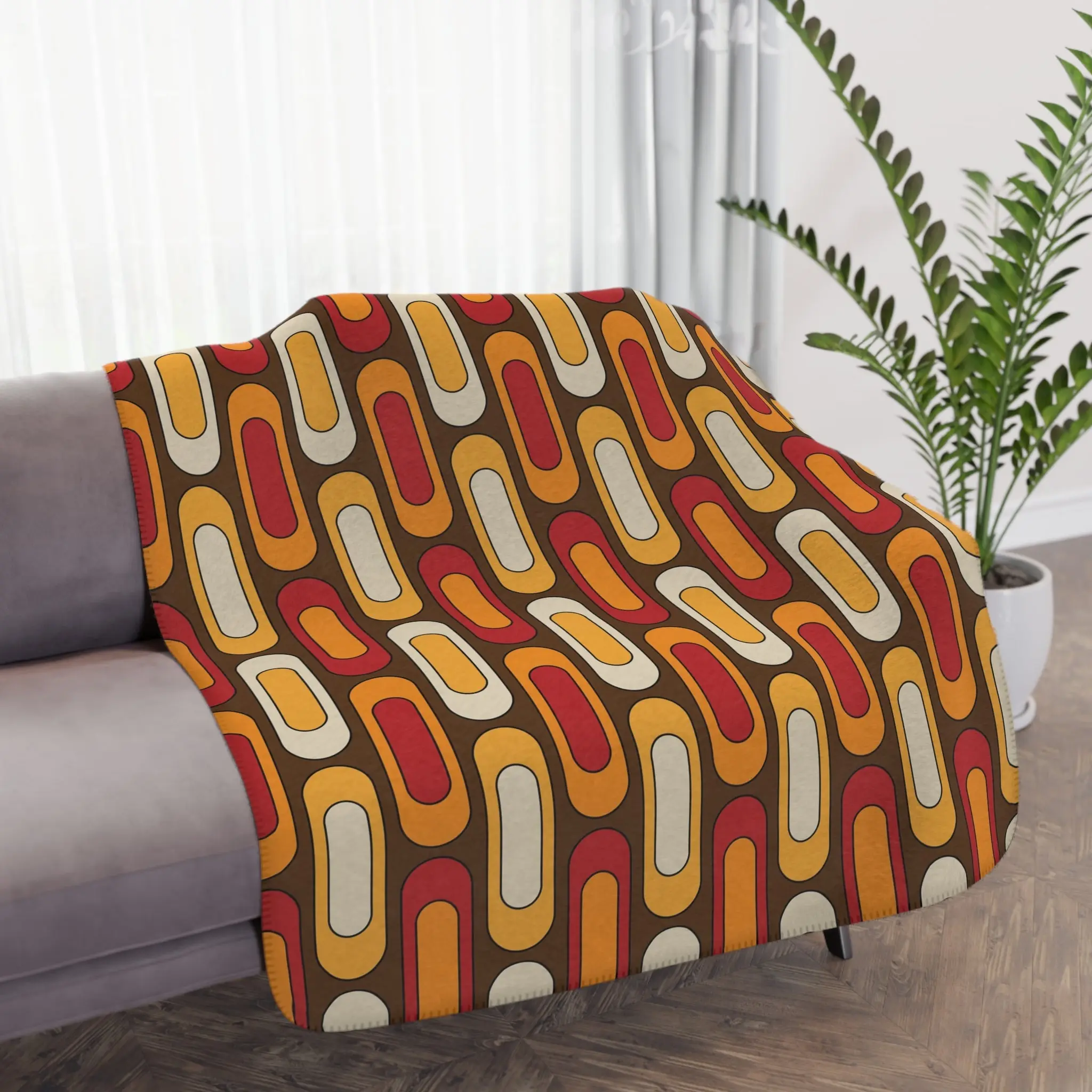 Mid Century Modern Blanket, Geometric Brown, Mustard Yellow, Burnt Red Cozy Retro Tan Sherpa Blanket