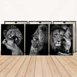 3 Counts Wooden Framed Canvas, Black White Lion Couple Wildlife Images, Exquisite Poster, Perfect Living Room Decoration, Modern Art, Fashion Family Poster, Wall Art Decoration, Waterproof Art, Modern Art Design