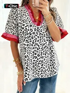 Hotapei Summer Elegant Ruffle V-Neck Leopard Print Fitted Short Sleeve Blouse Shirt, Women's Fashion Casual Top, Comfortable and Stylish