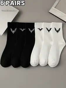 6 Pairs of Double Bat Print Socks Gothic Style Comfortable Mid-Calf Socks Perfect for Everyday Wear Black Socks White Socks