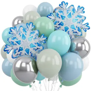 Blue Green Snowflake Balloon Set Pastel Winter Party Decor Silver Metallic Theme Setup