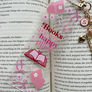 "Books Are My Happy Place" Clear Acrylic Bookmark Pink Book Lover Coquette Bookmark with Floral Design and Charm Accents