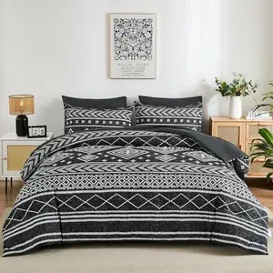 Queen/King Comforter Set, 7 Pieces Black Reversible Bedding Set, Boho Aztec Bed in A Bag, Lightweight Soft Bed Comforter Set with Sheets, Pillowcases & Shams