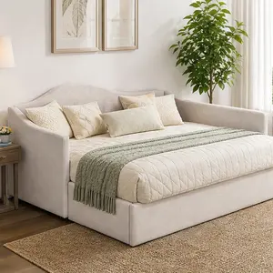 ARCH Twin Size Upholstered L-Shaped Daybed with Pop Up Trundle, Beige Linen, No Box Spring Needed, Convertible Twin to King, for Kids Guest Room Living Room, 80L x 42W x 33H in, Twin Size Options, Beige Color Options, Upholstered Material