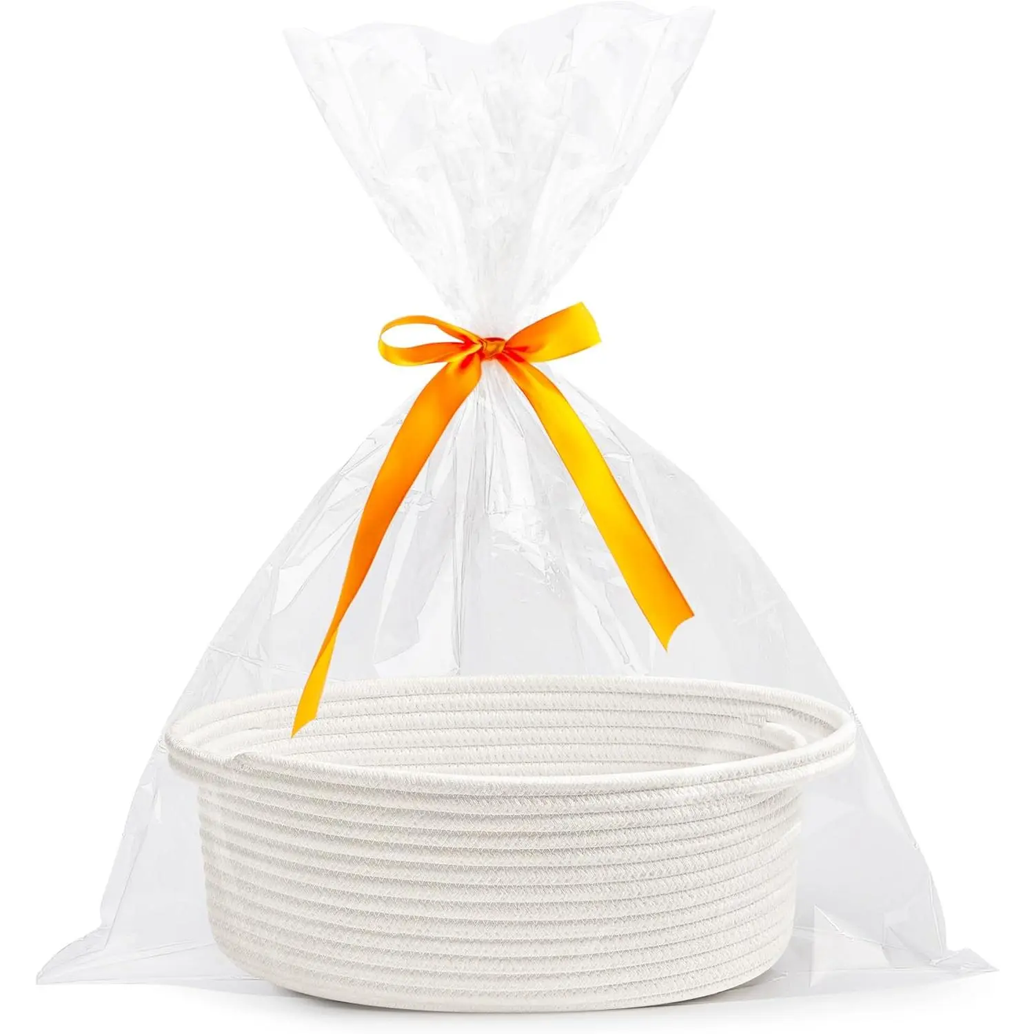 Small Woven Easter Basket with Gift Bags and Ribbons Durable Burr Baskets for Gifts Empty Small Rope Basket for Storage 12"X 8" X 5" Baby Toy Baskets with Handles, White