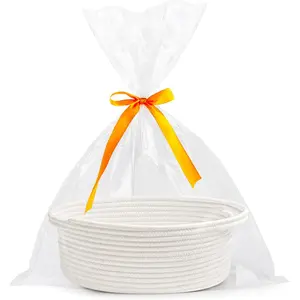 Small Woven Easter Basket with Gift Bags and Ribbons Durable Burr Baskets for Gifts Empty Small Rope Basket for Storage 12"X 8" X 5" Baby Toy Baskets with Handles, White