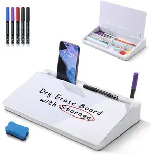 Desktop Glass Whiteboard with Storage, Small Dry Erase White Board Computer Pad Keyboard Stand for Home, School, Office Desk Accessories - White
