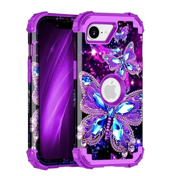 For iPhone 16e Case 2025 – Glow in the Dark Heavy Duty Shockproof Protective Cover with Hard Plastic Bumper & Soft Silicone – Dark Butterfly Design