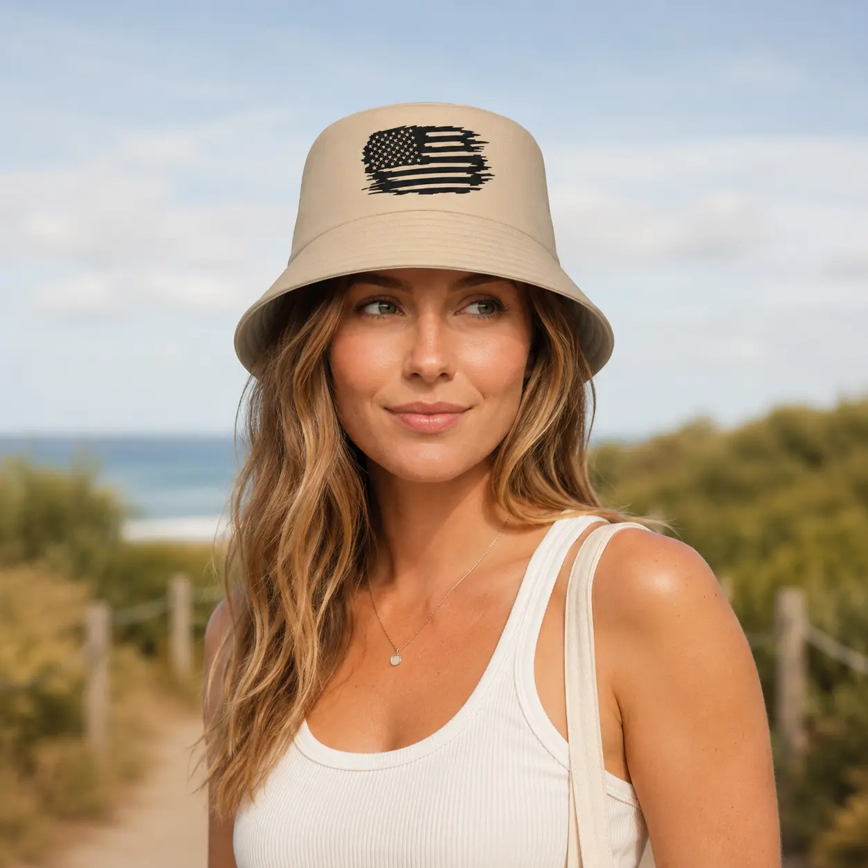 Distressed American Flag Bucket Hat for Women and Men, Khaki Foldable Patriotic Sun Hat, Lightweight Packable Outdoor Cap for Travel and Everyday Wear