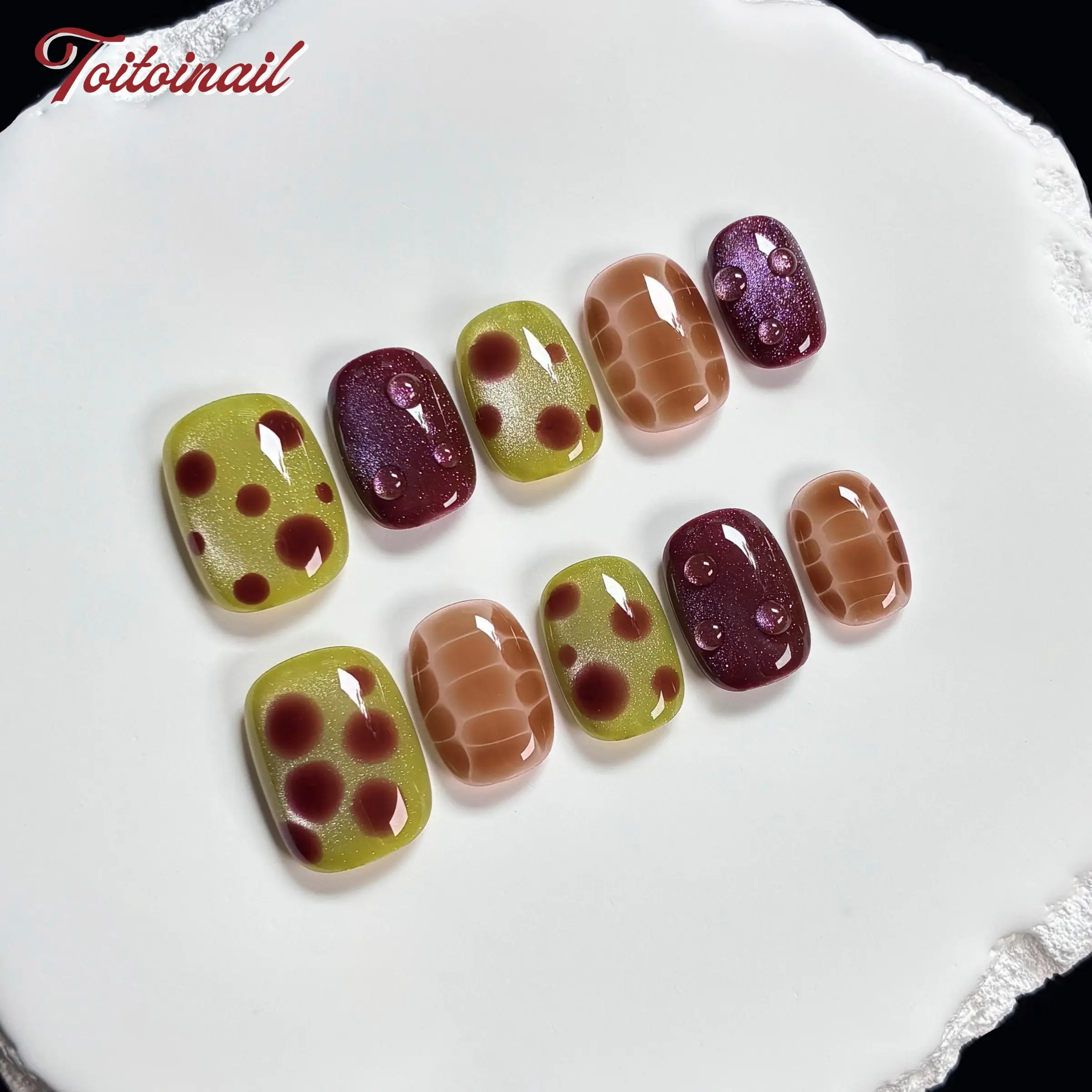 Retro Spot Handmade Press-On Nails, Glossy Acrylic Nails, Short Round Square Shape, 10pcs, Olive Green Brown Cat Eye Leopard Print, Retro Autumn Aesthetic, For Daily, Office, Date, High Gloss, Long Lasting, Reusable, DIY Nail Art, Glittering Fake Nails