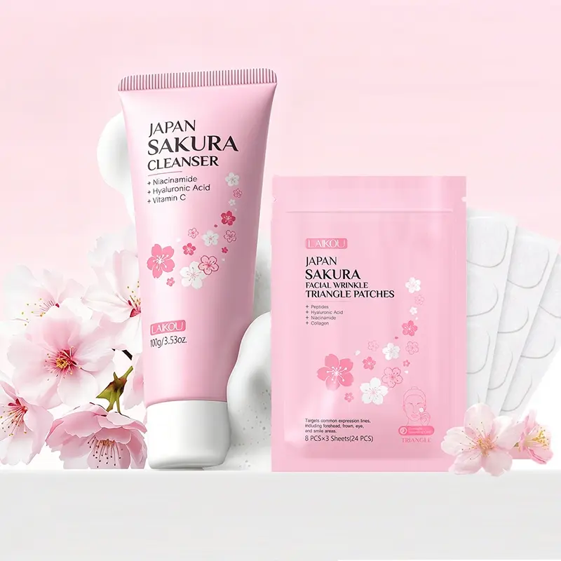 Cherry Blossom Facial Wash and Face Patch Set, Japanese Cherry Blossom Facial Cleanser with Niacinamide, 24 Triangular Patches - Deep Cleansing, Moisturizing, Suitable for All Skin Types