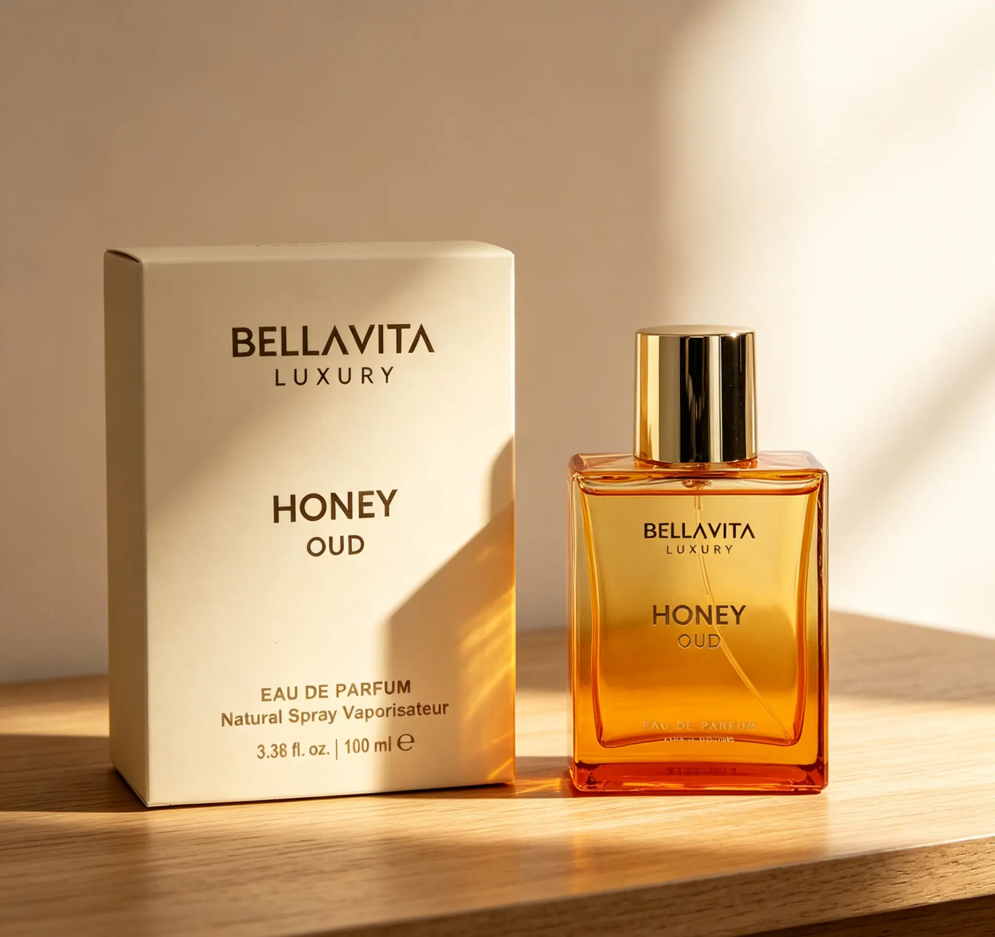 BellaVita Luxury Honey Oud EDP 3.4 fl oz, Vegan Cruelty-Free Essential Oil Perfume, Long Lasting Spicy Floral Scent with Bergamot Patchouli & Vanilla