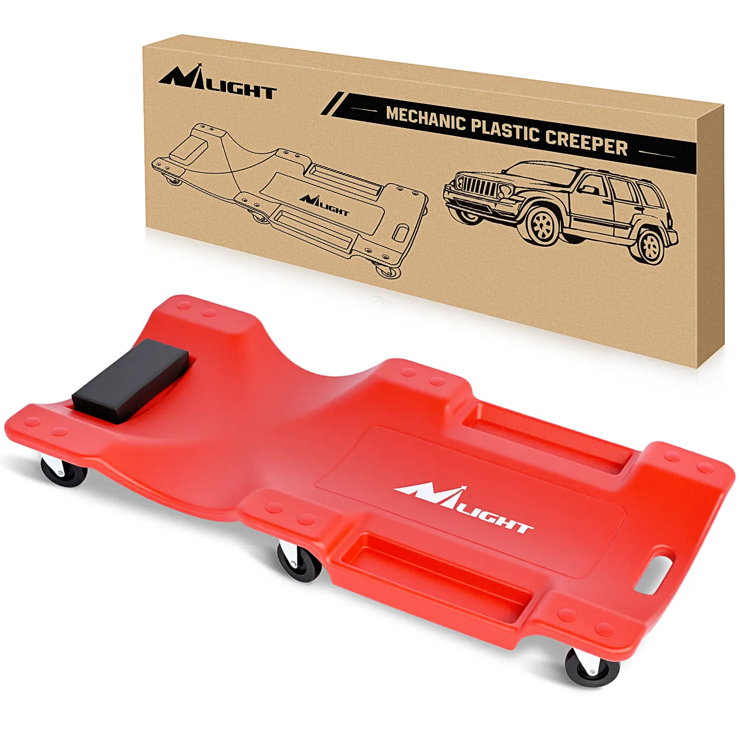 Nilight 40in ABS Tough Plastic Mechanic Creeper, Automotive Maintenance Tool with Padded Headrest, Shoulder Notch Rest, 6 Casters, 350lb Capacity, Grip-and-Roll Handle, Quick Tool Access for Garage Work & Car Repair