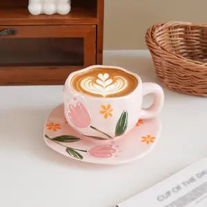 Tulip Embossed Ceramic Coffee Cup and Saucer Set, Coffee Drinkware, Hand-Painted 3D Ceramic, Home Decor, Party, Breakfast, Afternoon Tea, Gift