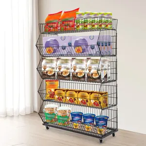 CNCEST 5-Tier Freestanding Retail Display Rack with Open Slanted Baskets and Wheels Sturdy Metal Storage Organizer for Fruits, Vegetables, Snacks