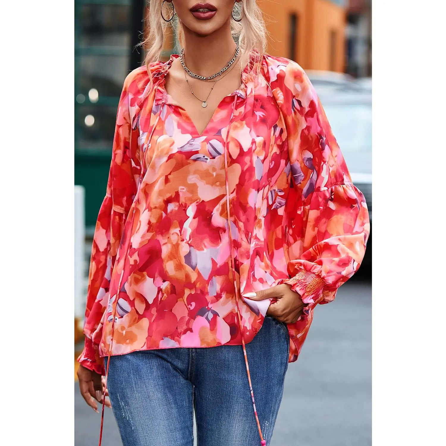 Womens Blouse-Floral Tassel Tie Long Sleeve Blouse