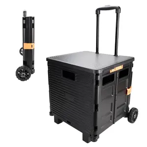 Black Folding Utility Cart with Wheels - Collapsible Rolling Teacher Cart with Lid - 4-Wheeled Lightweight Portable Rolling Crate for Grocery, Office, Luggage, Camping & Tools by IDL Packaging