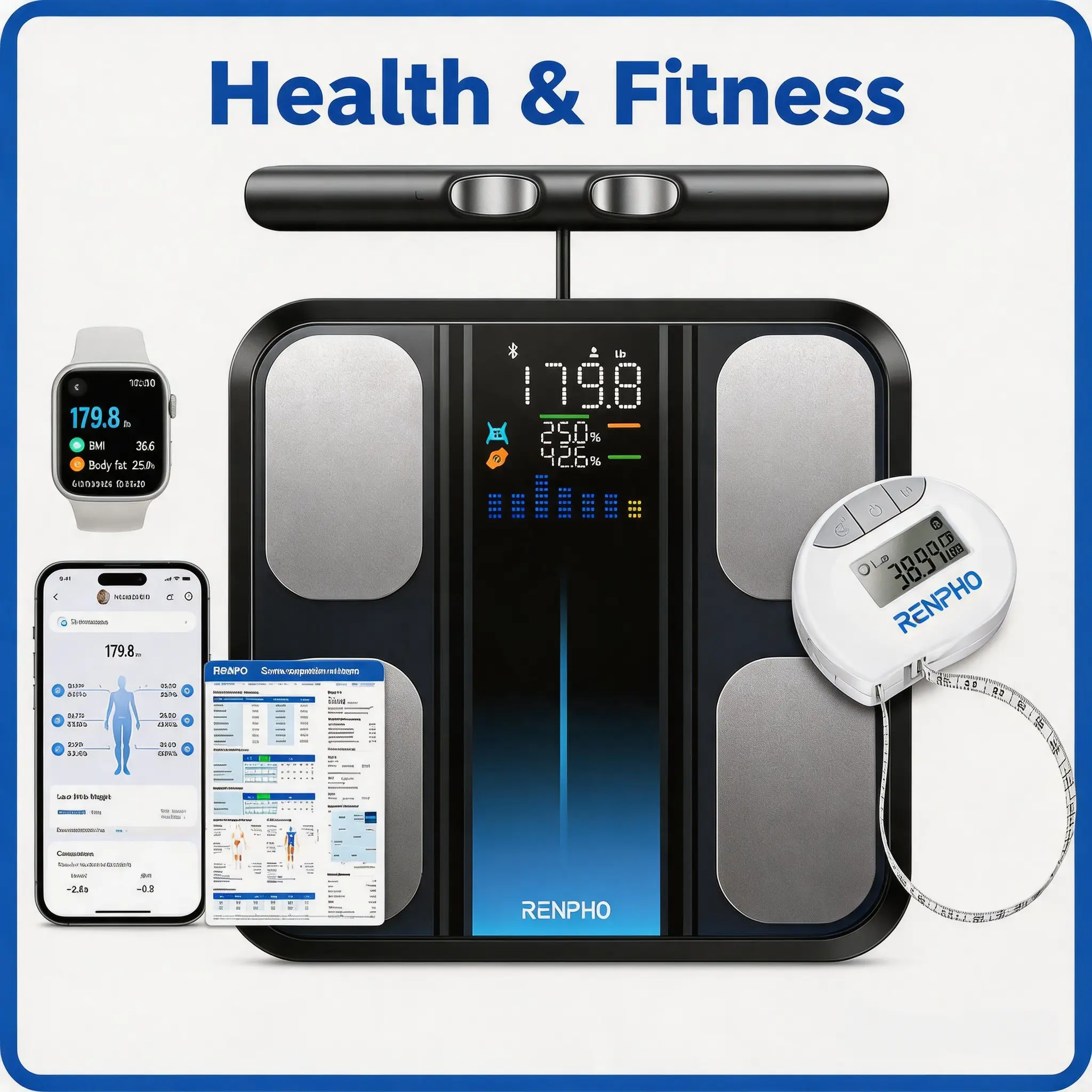 RENPHO Fitness Bundle: 8‑Electrode Smart Body Scale + Bluetooth Smart Tape Measure, BIA Segmental Body Analyzer & Automatic Retractable Digital Measuring Tape, Syncs to Free App, 400lbs Scale, 60in/150cm Tape, Gym Fitness Gifts