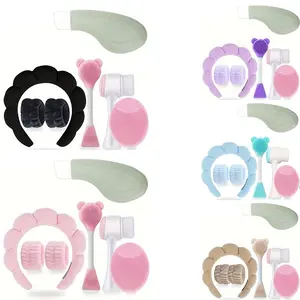 Silicone Facial Cleansing Tool Set, 7 Counts/set Double-ended Facial Cleansing Brush & Soft Headband & Wristband, Portable Skin Care Tool for Women