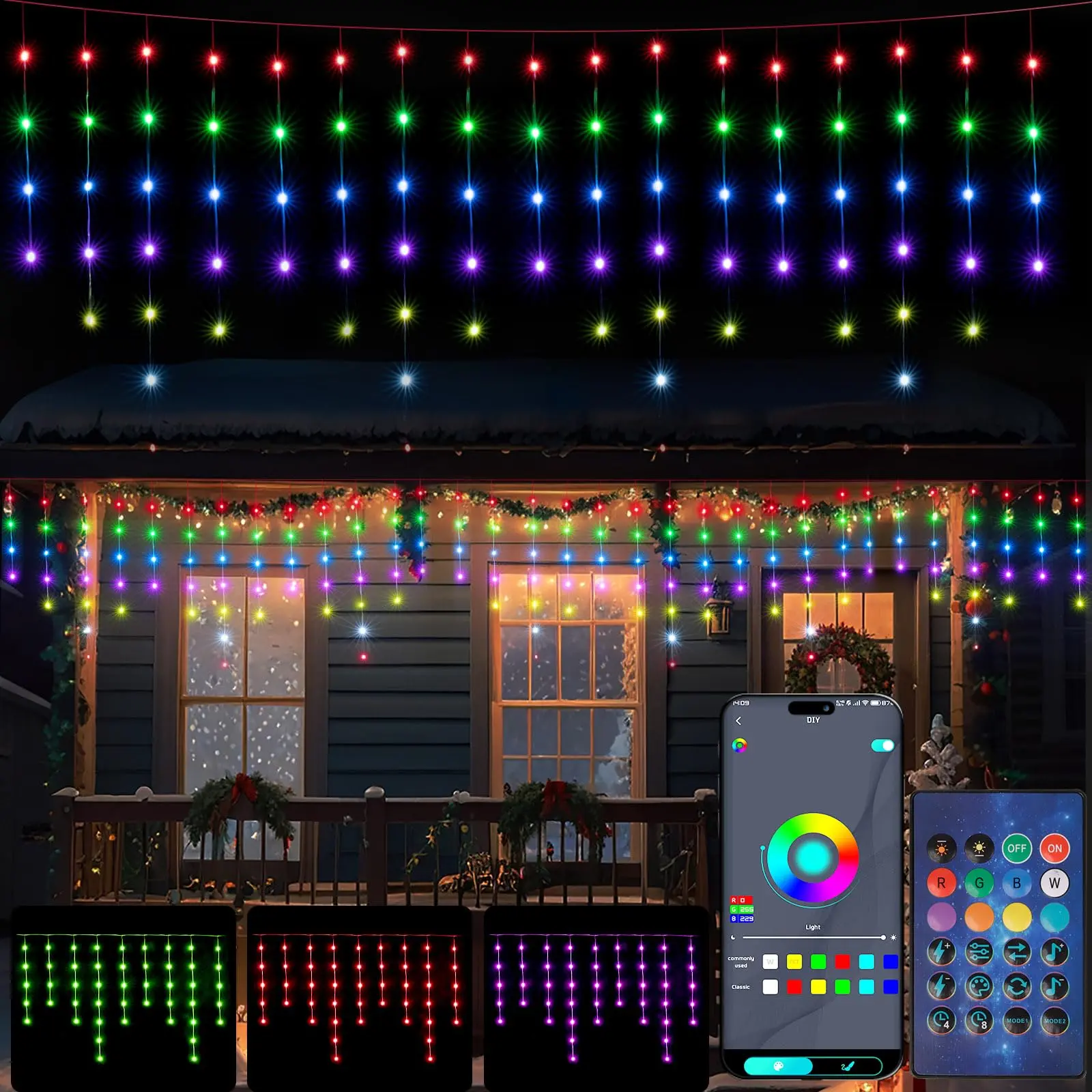 Christmas Icicle Lights,44.5ft 420LED 80 Drops Icicle Fairy Twinkle Lights smart control for Christmas Decorations Set Colorful Rgb Water Proof Ornaments pool lights