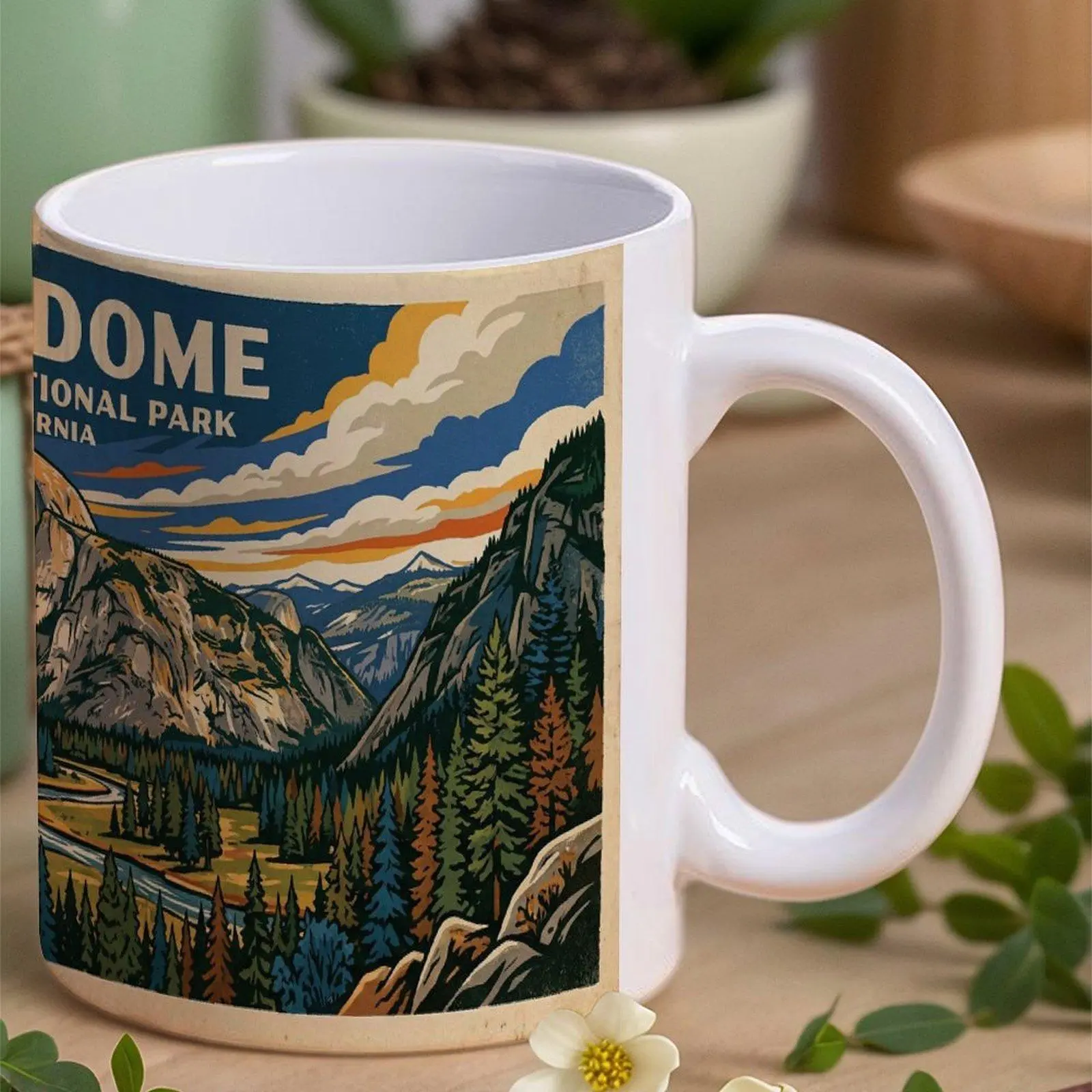 11oz Reusable Portable Ceramic Tumbler Cup - Yosemite Half Dome Vintage Travel Art Nature Print, Vibrant Design, Durable Washable Coffee Container, Hiker Gift for Home/Office Decor