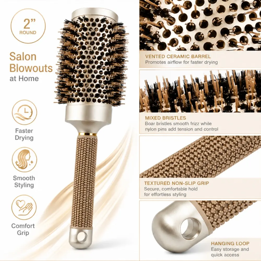 TIKA 2-Inch Round Brush for Blow Drying, Nano Thermal Ceramic Ionic Hair Brush with Boar Bristles for Styling and Curling