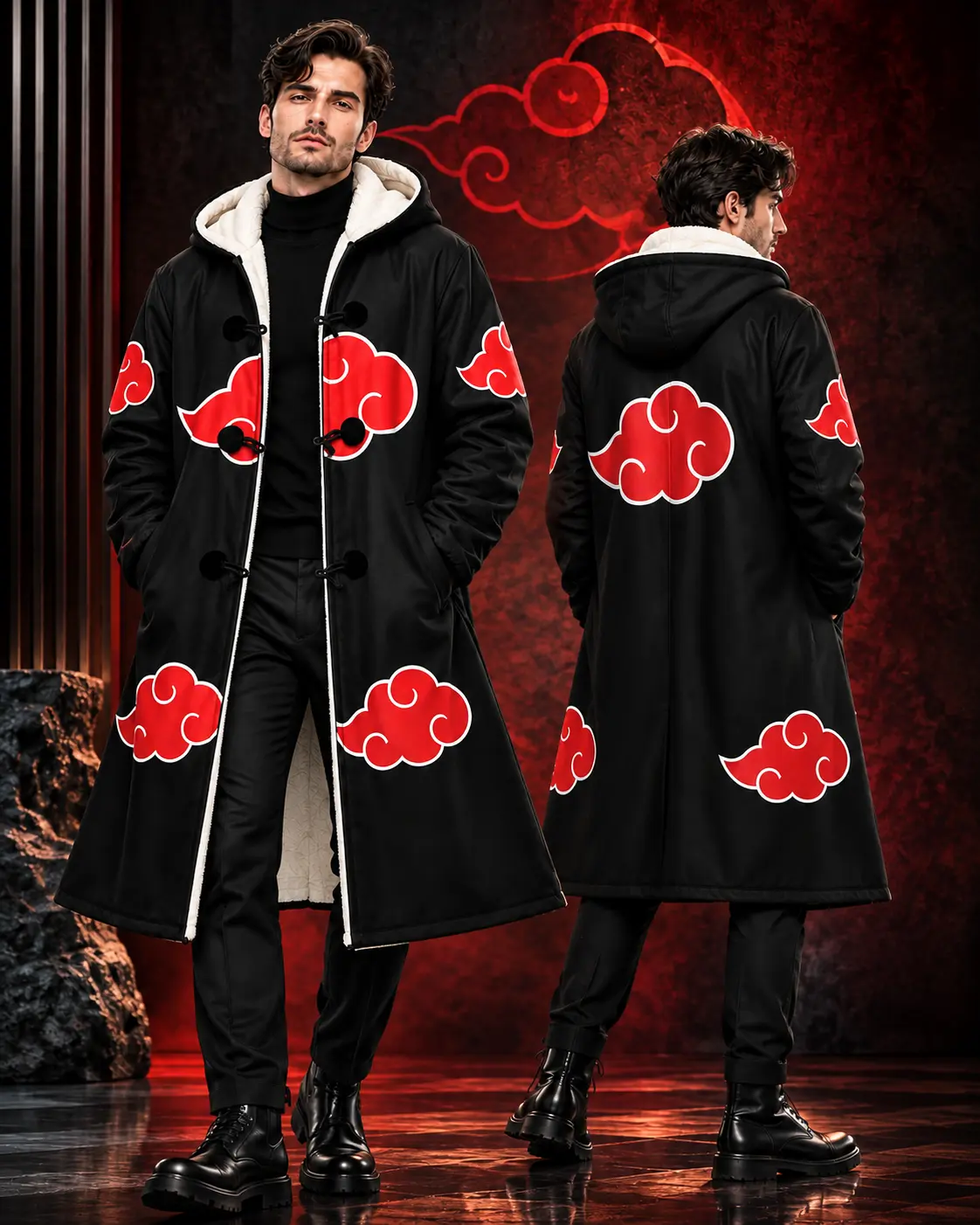 Naruto Akatsuki Red Cloud Hooded Cloak Coat – Unisex Fleece-Lined Anime Jacket, Cosplay Long Coat, Gift for Men & Women